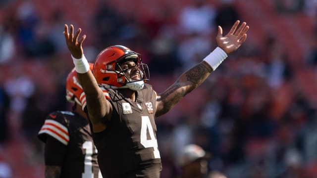 Nov 5, 2023; Cleveland, Ohio, USA; Cleveland Browns quarterback Deshaun Watson (4) celebrates during warm ups before the game against the Arizona Cardinals at Cleveland Browns Stadium.